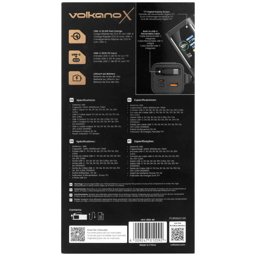 VolkanoX Titan Series - 20 000 mAh - Power Bank with retractable Type-C Cable with Flashlight