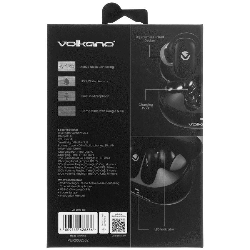 Volkano Sugar-Cube Active Noise Cancelling True Wireless Earphones - Black
