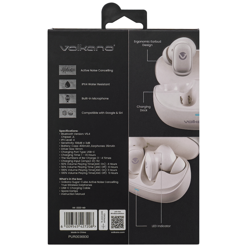 Volkano Sugar-Cube Active Noise-Cancelling True Wireless Earphones - Nude