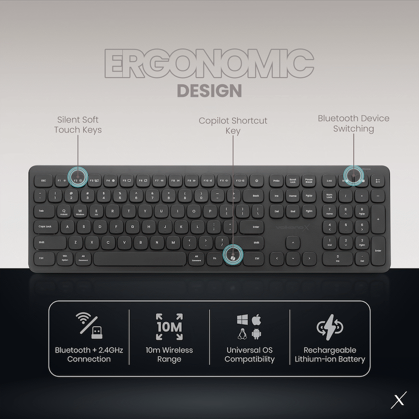 VolkanoX Ignite Bluetooth Wireless Keyboard and Mouse Combo - Graphite