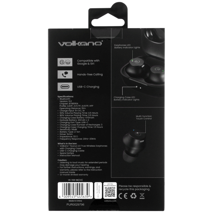 Volkano Taurus Series 2.0 True Wireless Earphones with Charging Case - Black