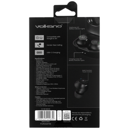 Volkano Taurus Series 2.0 True Wireless Earphones with Charging Case - Black