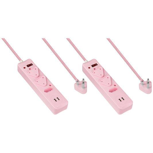 2x 3 Way Surge  Multiplug with Dual  USBs Pink-3M