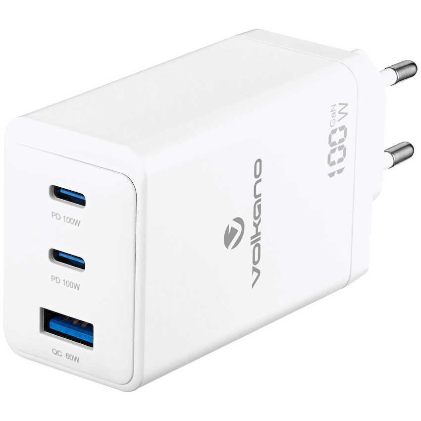 Volkano WattPro Series Triple Port 100W GaN Wall Charger - White
