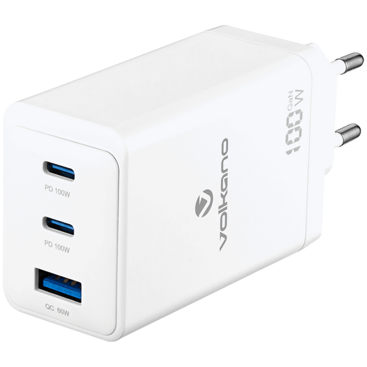 Volkano WattPro Series Triple Port 100W GaN Wall Charger - White