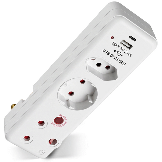 Switched 3-Way Medium Surge Adaptor - Schuko with Type-C + USB