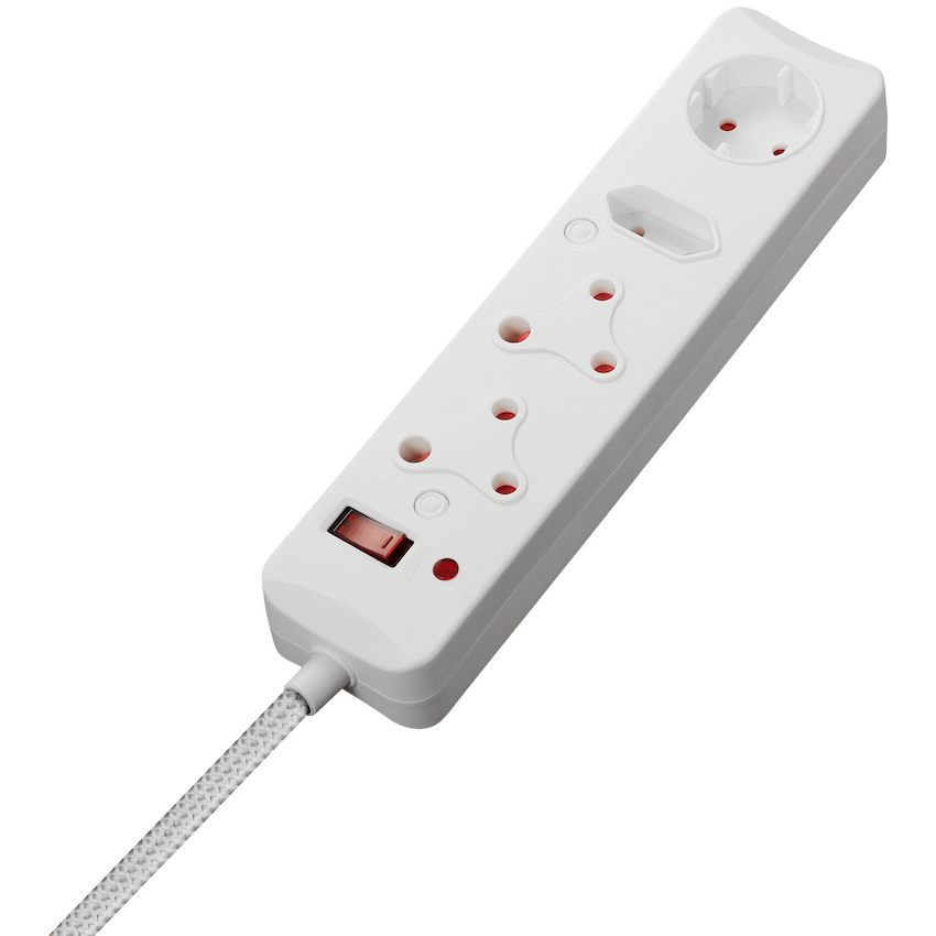 Switched 4-Way Surge-Protected Multiplug 3m Braided Cord - White