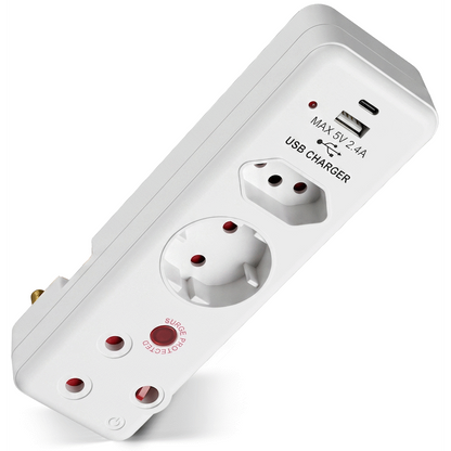 Switched 3-Way Medium Surge Adaptor - Schuko with Type-C + USB
