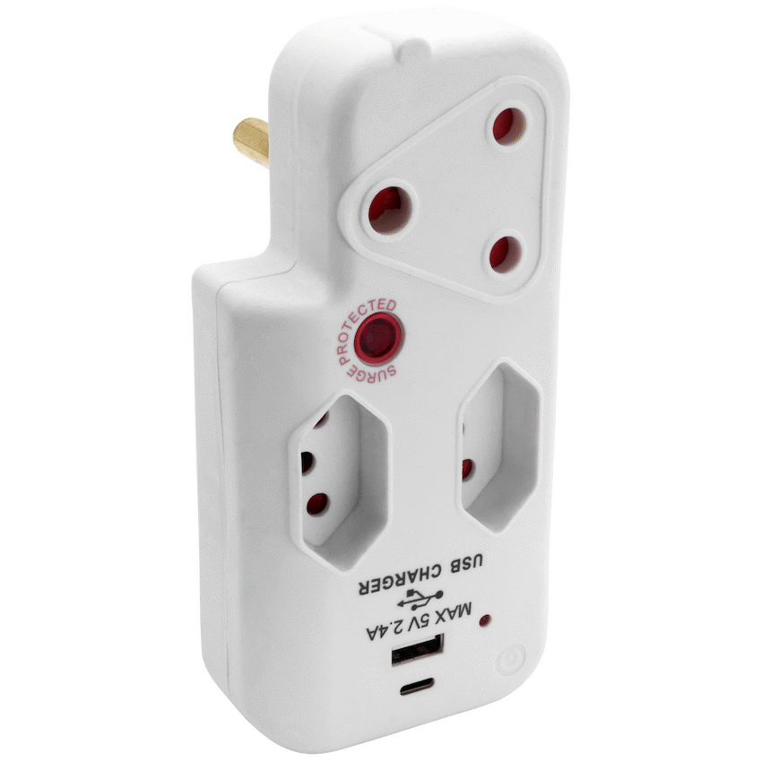 Switched 3-Way Medium Surge Adaptor with Type-C + USB - White