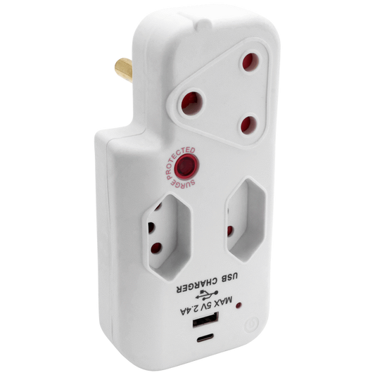 Switched 3-Way Medium Surge Adaptor with Type-C + USB - White