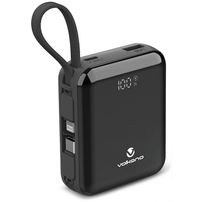 Volkano Solace Series 10 000 mAh Power Bank with Built-in USB-C & Lightning Cable - Black