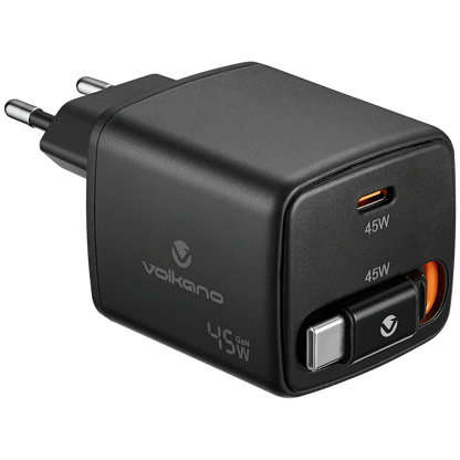 Volkano Sleek Series Fast Wall Charger 45W USB-C with Built-in Retractable 75cm Cable - Black