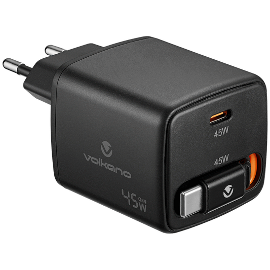 Volkano Sleek Series Fast Wall Charger 45W USB-C with Built-in Retractable 75cm Cable - Black