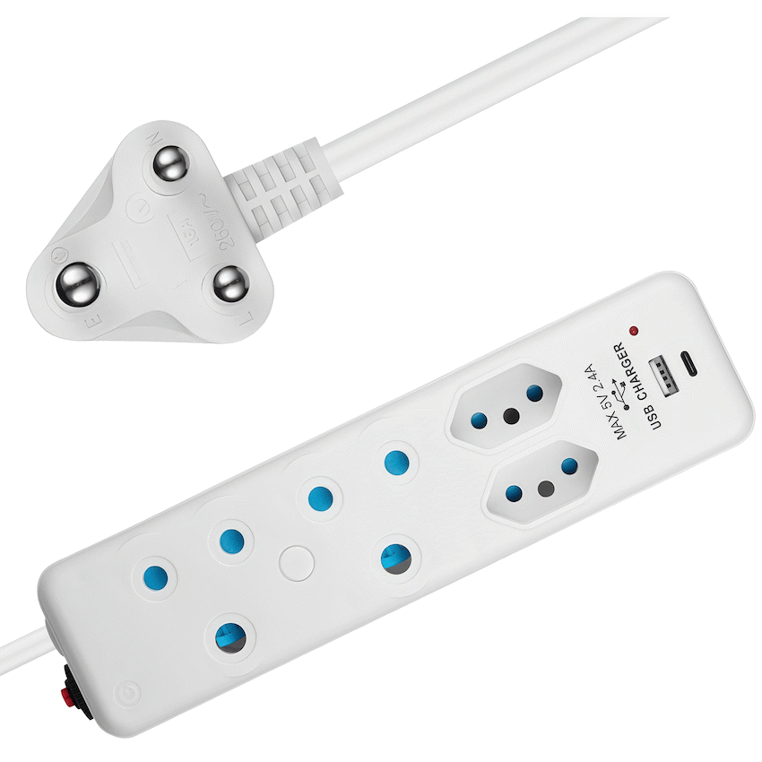 Switched 4-Way Extension Lead with 1x Type-C + 1x USB - 2m