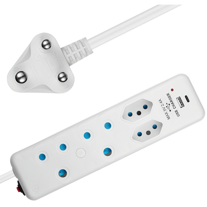 Switched 4-Way Extension Lead with 1x Type-C + 1x USB - 2m