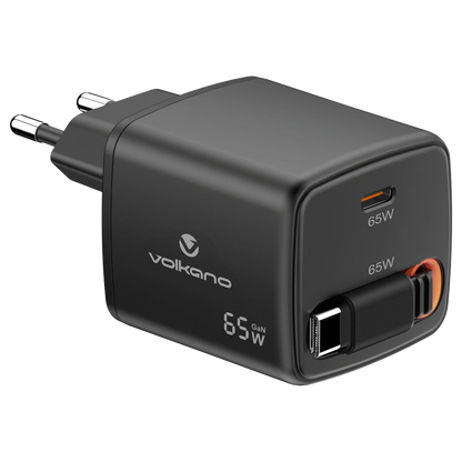 Volkano Sleek Series Fast Wall Charger 65W USB-C with Built-in Retractable 75cm Cable - Black