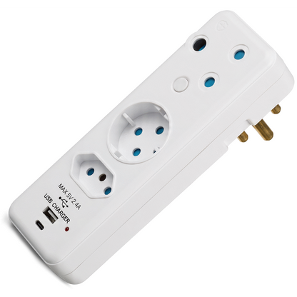 Switched 3-Way Schuko Adaptor with Type C + USB