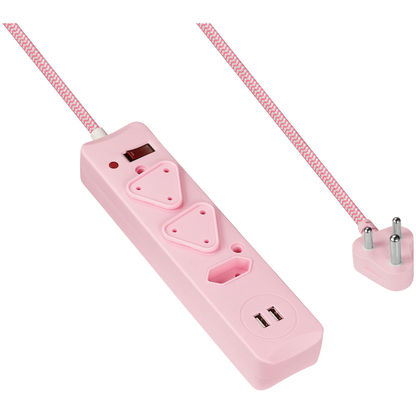 Switched 3-Way Surge Multiplug with Dual USB 2.4A & 0.5m Braided Cord - Pink