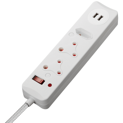 SWITCHED 3 Way Medium Surge Protected Multiplug with Dual 2.4A USB Ports 0.5M Braided Cord White