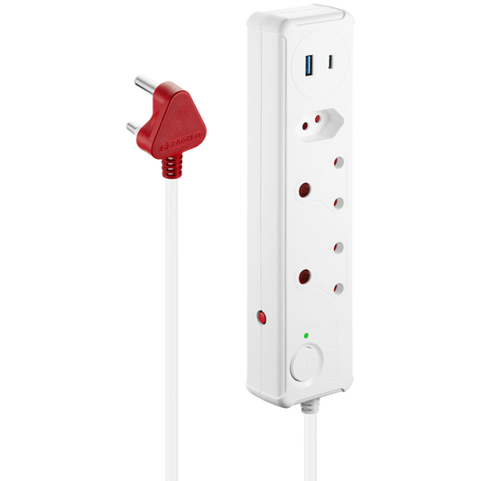 Switched 3-Way Medium Surge-Protected Multiplug with 1x Type-C + 3.4a USB Ports - 0.5m - White