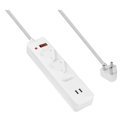 Switched 3-Way Surge-Protected Multiplug with Dual 2.4a USB Ports 3m Braided Cord - White