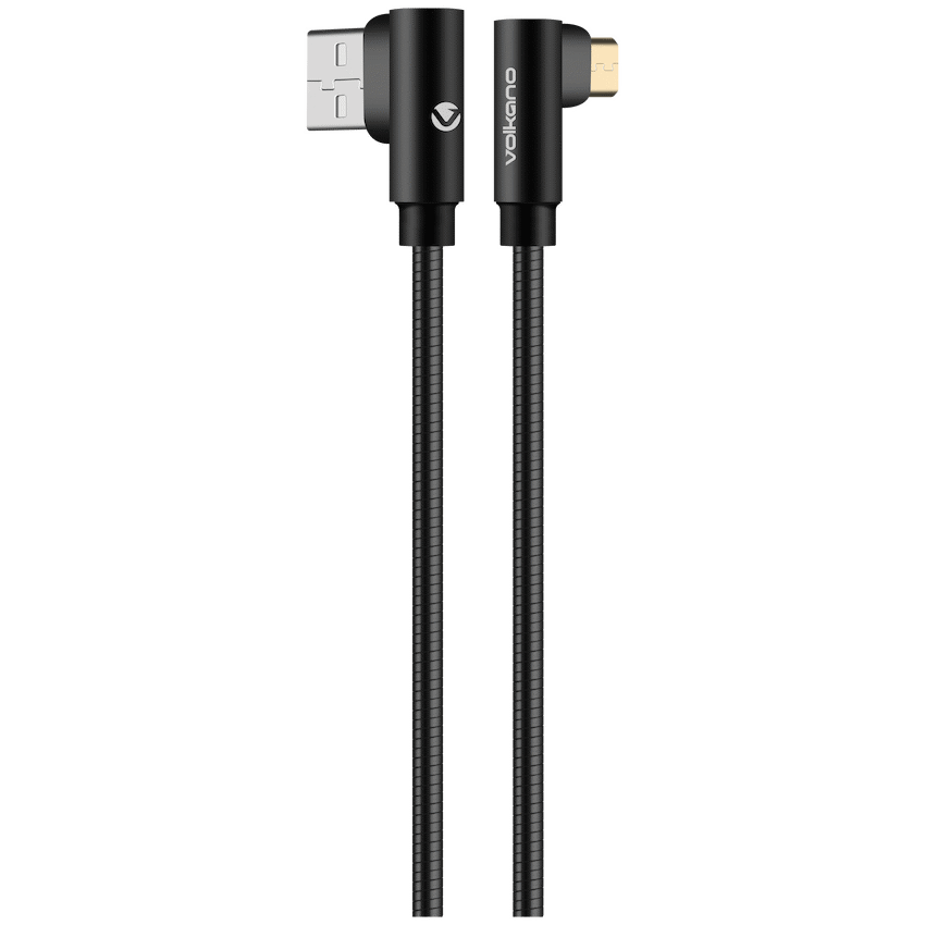 Volkano Iron Series Round Metallic Spring 90deg Micro USB Cable 1.2m - Black