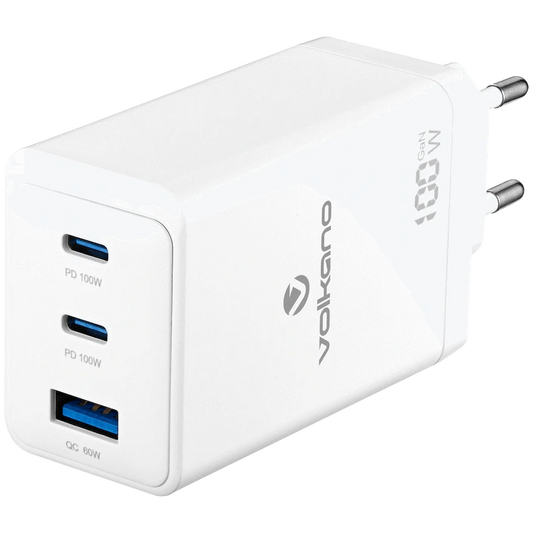 Volkano WattPro Series Triple Port 100W GaN Wall Charger - White