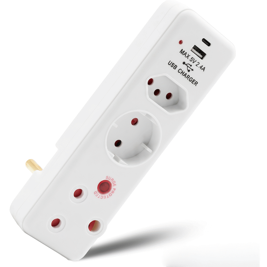Ellies 3 Way Surge adaptor Schuko,with type C + USB - WT