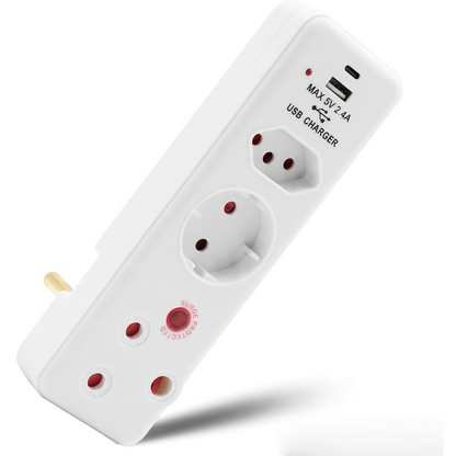 Ellies 3 Way Surge adaptor Schuko,with type C + USB - WT