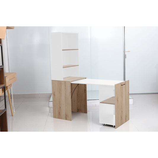Everfurn Adaptive Desk with Bookshelf - White and Light Oak