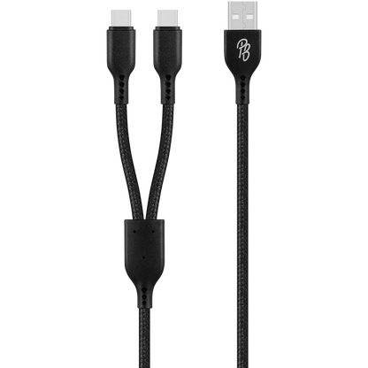 Pro Bass Cord Series 1.2m 15w USB-A to 2x USB-C Braided - Black