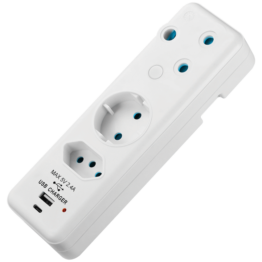 Switched 3-Way Schuko Adaptor with Type C + USB