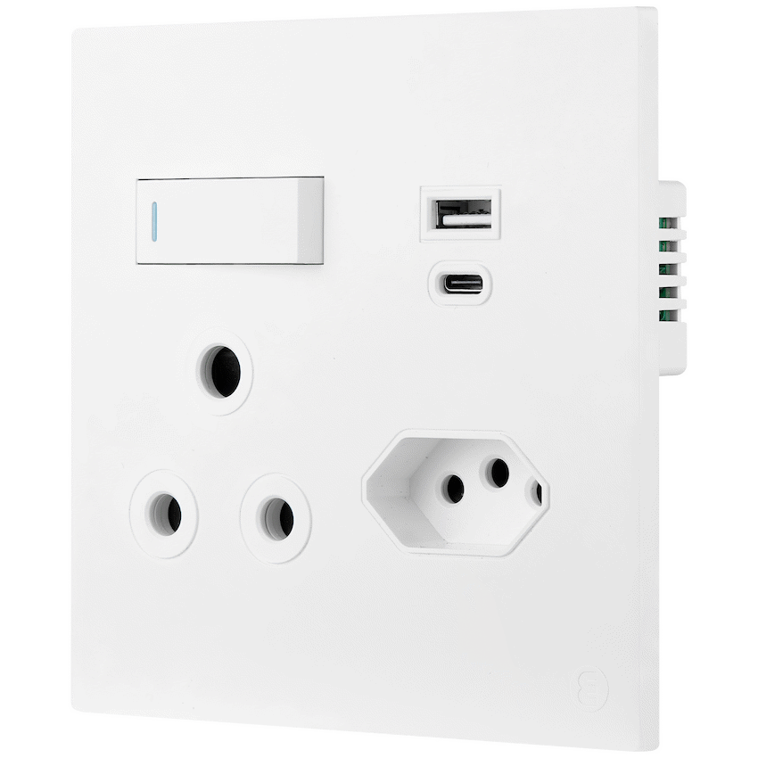 Ellies 2 Way (3 Pin; SANS 164-2) Single Switch Socket 4x4 (100x100mm) - USB + Type C - WT