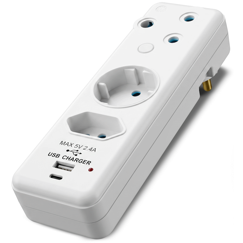 Ellies 3-Way Schuko Adaptor with Type-C + USB - White