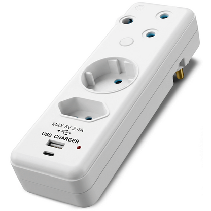 Ellies 3-Way Schuko Adaptor with Type-C + USB - White