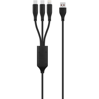Volkano Nova Series USB-A to 2 USB-C and Lightning Cable 100W 1.2m TPE - Black