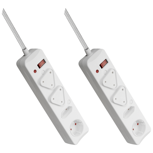 2x Switched 4-Way Surge Multiplug 3m Braided Cord - White