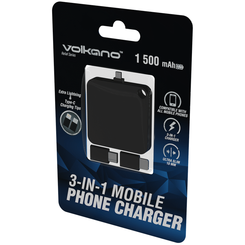 Volkano Relief Series 1500mah 3-in-1 Mobile Phone Charger - Black