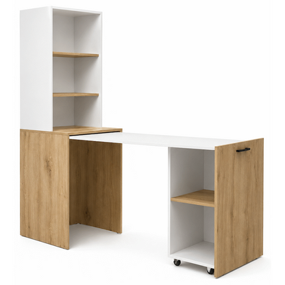 Everfurn Adaptive Desk with Bookshelf - White and Light Oak