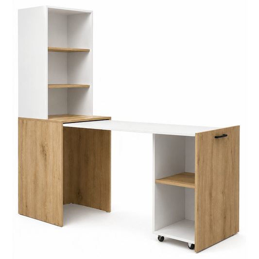 Everfurn Adaptive Desk with Bookshelf - White and Light Oak