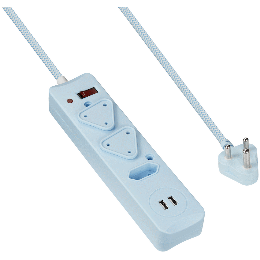 SWITCHED 3 Way Medium Surge Protected Multiplug with Dual 2.4A USB Ports 0.5M Braided Cord