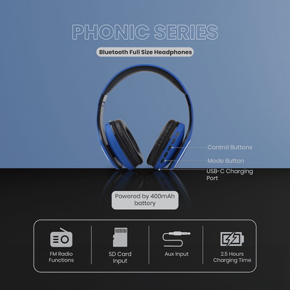 Volkano Phonic Series Bluetooth Full Size Headphones - Blue