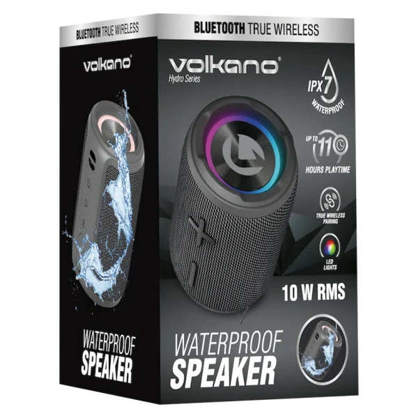 Volkano waterproof Bluetooth speaker packaging on a white background