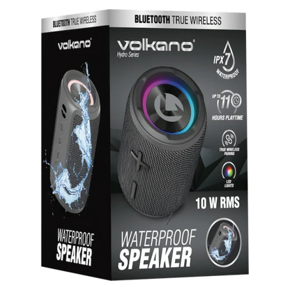 Volkano waterproof Bluetooth speaker packaging on a white background
