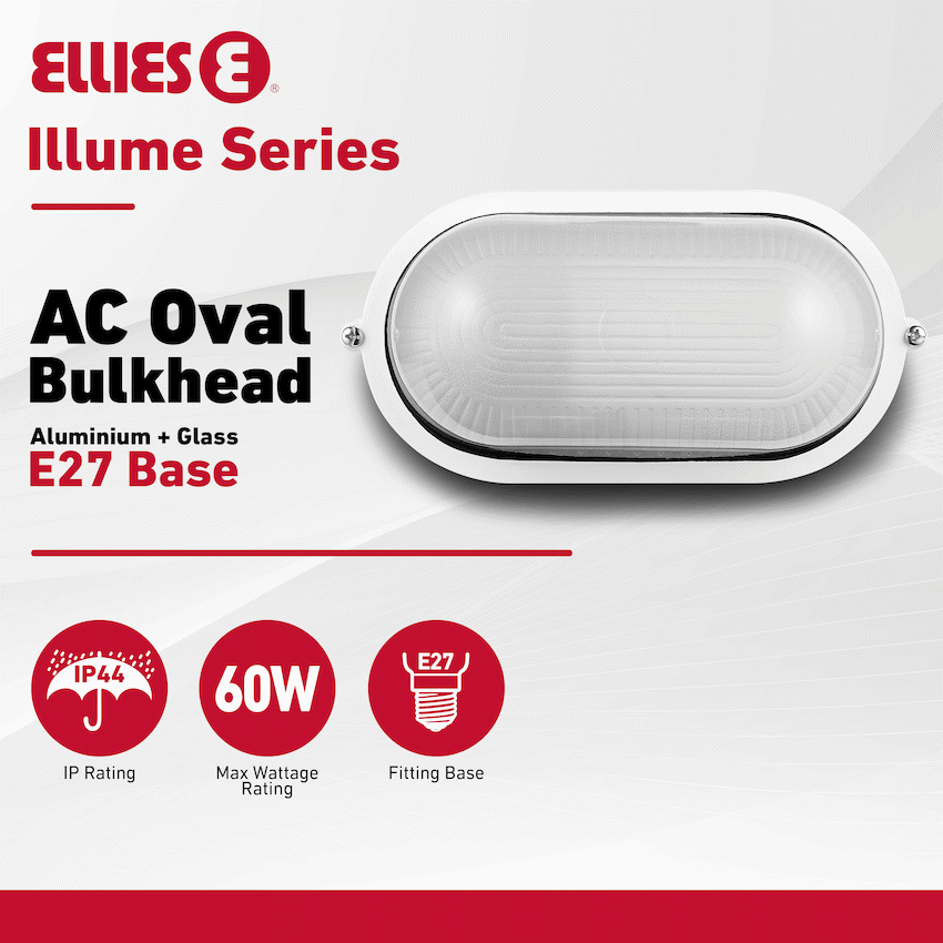 Ellies Illume Series - AC Oval Bulkhead - Aluminium + Glass - E27 Base - WT