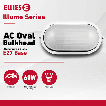 Ellies Illume Series - AC Oval Bulkhead - Aluminium + Glass - E27 Base - WT