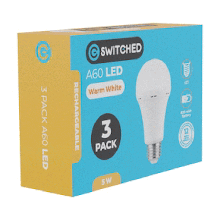 Switched 5w A60 Rechargeable E27 LED Light Bulb WW - 3 Pack