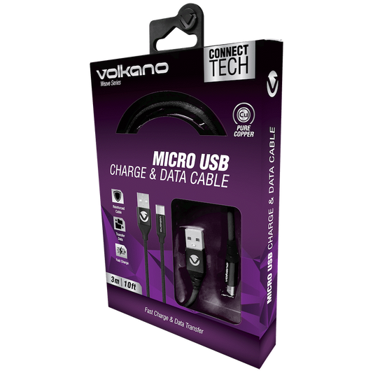 Volkano Weave Series Fabric Braided Micro-USB Cable 3m - Black