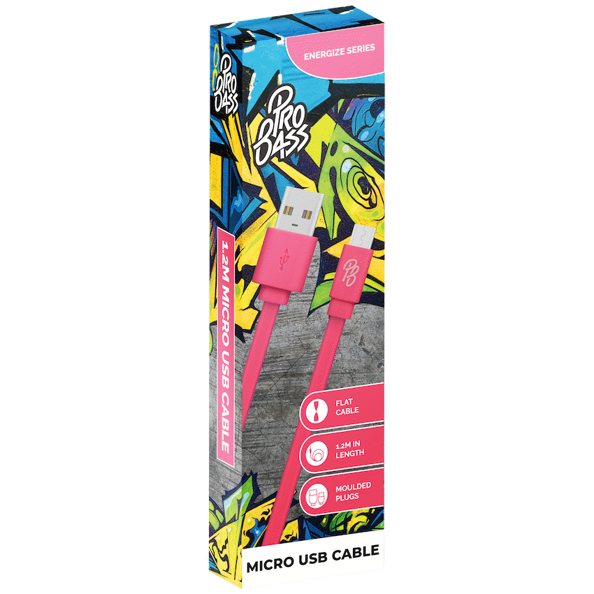Pro Bass Energize Series Packaged Micro USB Cable - Pastel Pink 1.2m