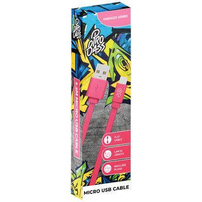 Pro Bass Energize Series Packaged Micro USB Cable - Pastel Pink 1.2m